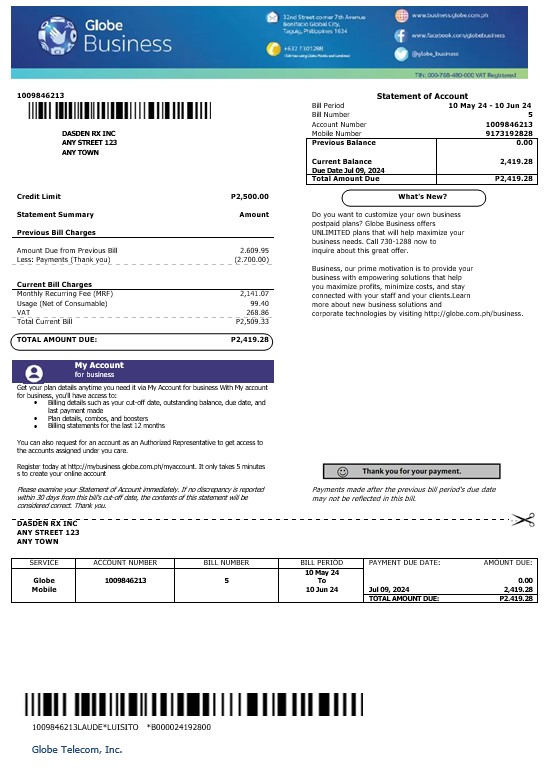 Philippines Globe Business business utility bill template in Word and PDF formats